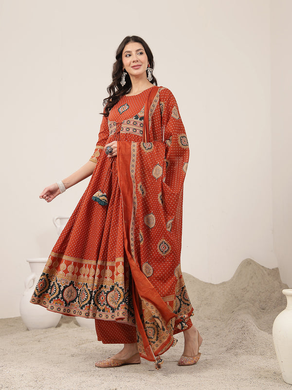 Kimayra Cotton Calf Length Printed 3/4 Sleeve Round Neck Flared Kurta Suit Set