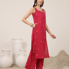 Kimayra Cotton Calf Length Solid Sleeveless Round Neck Straight Kurta Suit Set
