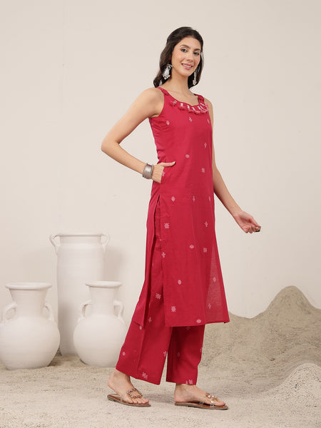 Kimayra Cotton Calf Length Solid Sleeveless Round Neck Straight Kurta Suit Set