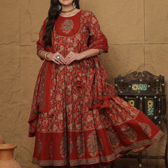 Kimayra Cotton Calf Length Printed 3/4 Sleeves Round Neck Anarkali Kurta Suit Set