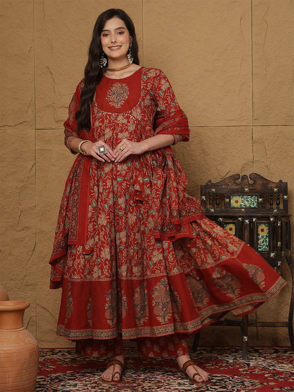 Kimayra Cotton Calf Length Printed 3/4 Sleeves Round Neck Anarkali Kurta Suit Set