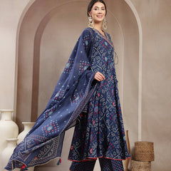Kimayra Cotton Calf Length Printed 3/4 Sleeve Angrakha Flared Kurta Suit Set