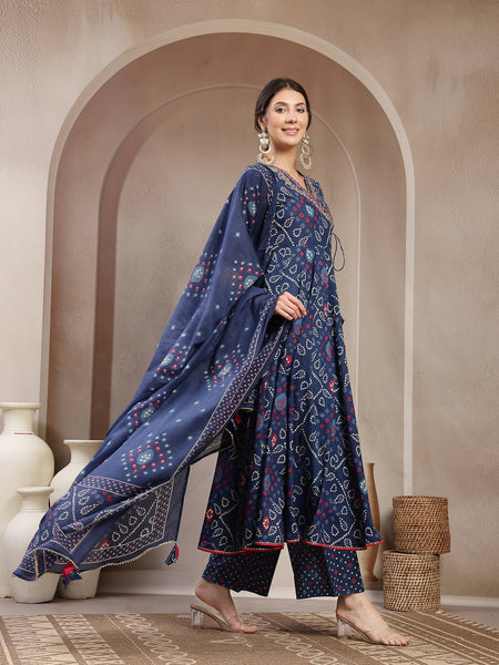 Kimayra Cotton Calf Length Printed 3/4 Sleeve Angrakha Flared Kurta Suit Set