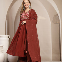 Kimayra Cotton Calf Length Solid 3/4 Sleeve V-Neck Flared Kurta Suit Set