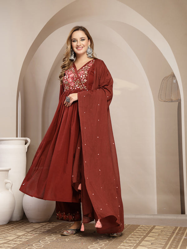 Kimayra Cotton Calf Length Solid 3/4 Sleeve V-Neck Flared Kurta Suit Set