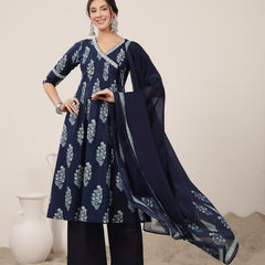 Kimayra Cotton Calf Length Printed 3/4 Sleeve V-Neck Flared Kurta Suit Set