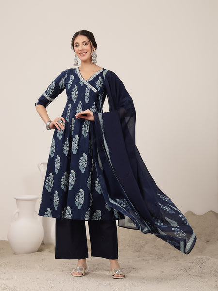 Kimayra Cotton Calf Length Printed 3/4 Sleeve V-Neck Flared Kurta Suit Set