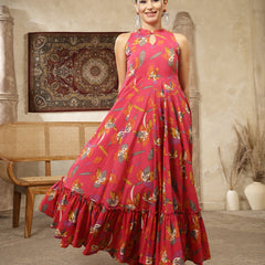 Kimayra Cotton Calf Length Printed Sleeveless Key Hole Neck Flared Kurta