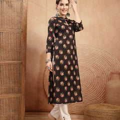 Kimayra Rayon Calf Length Printed 3/4 Sleeve Key Hole Neck Straight Kurta