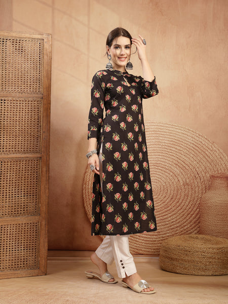 Kimayra Rayon Calf Length Printed 3/4 Sleeve Key Hole Neck Straight Kurta