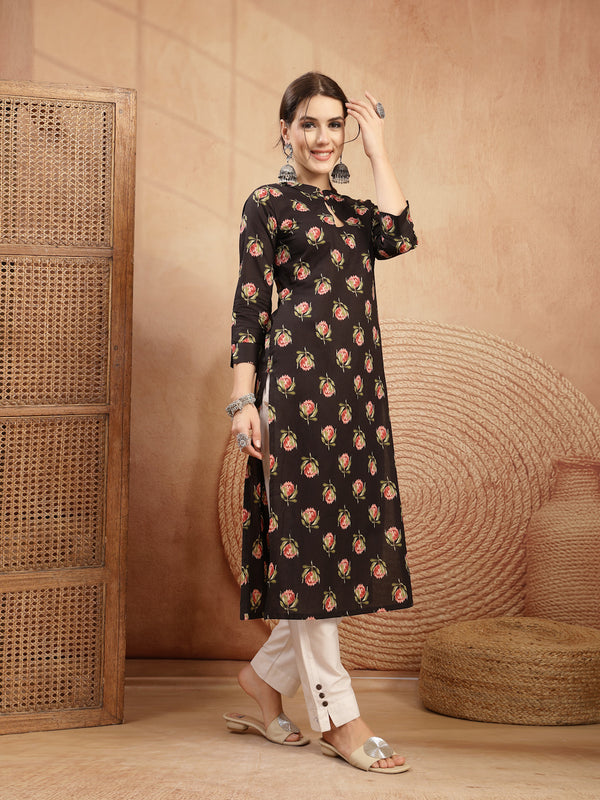 Kimayra Rayon Calf Length Printed 3/4 Sleeve Key Hole Neck Straight Kurta