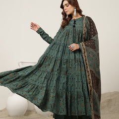 Kimayra Cotton Ankle Length Printed Full Sleeve Key Hole Neck Flared Kurta Suit Set
