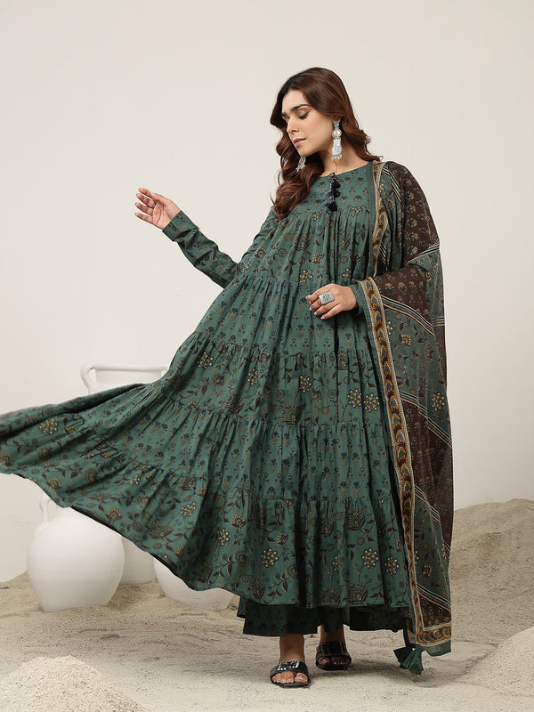 Kimayra Cotton Ankle Length Printed Full Sleeve Key Hole Neck Flared Kurta Suit Set