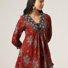 Kimayra Cotton Hip Length Printed 3/4 Sleeve V-Neck Flared Top