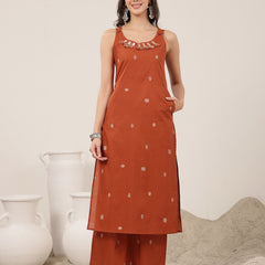 Kimayra Cotton Calf Length Solid Sleeveless Round Neck Straight Kurta Suit Set