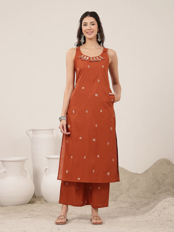 Kimayra Cotton Calf Length Solid Sleeveless Round Neck Straight Kurta Suit Set
