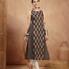 Kimayra Rayon Calf Length Printed Sleeveless Round Neck Straight Kurta