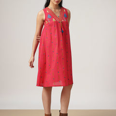 Kimayra Cotton Mid Length Printed Sleeveless V-Neck Flared Dress