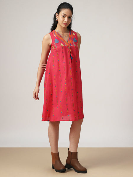 Kimayra Cotton Mid Length Printed Sleeveless V-Neck Flared Dress