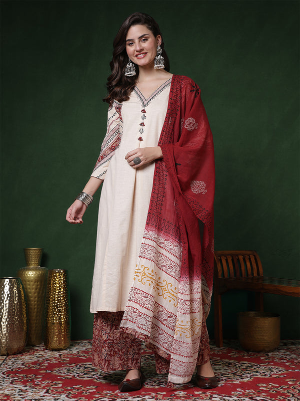 Kimayra Cotton Flex Calf Length Solid 3/4 Sleeves V-Neck Straight Kurta Suit Set