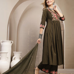 Kimayra Cotton Calf Length Solid 3/4 Sleeve V-Neck Flared Kurta Suit Set