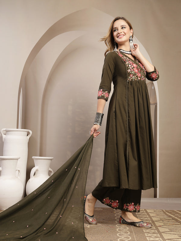 Kimayra Cotton Calf Length Solid 3/4 Sleeve V-Neck Flared Kurta Suit Set