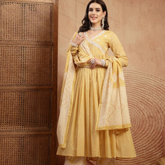 Kimayra Cotton Calf Length Printed 3/4 Sleeve V-Neck Flared Kurta Suit Set