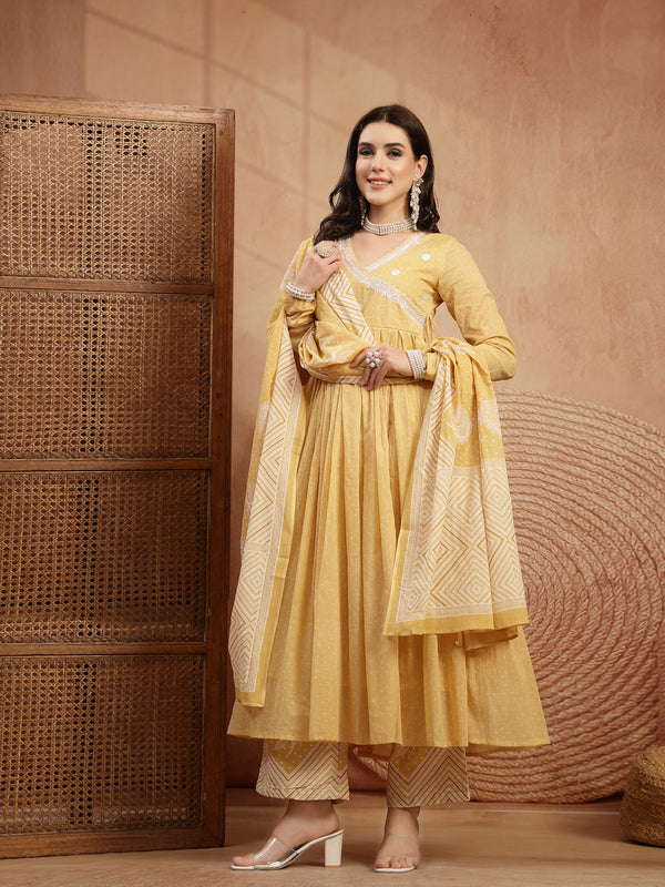 Kimayra Cotton Calf Length Printed 3/4 Sleeve V-Neck Flared Kurta Suit Set