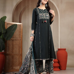Kimayra Cotton Calf Length Solid 3/4 Sleeve Round Neck Straight Kurta Suit Set