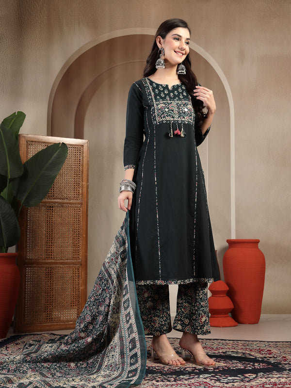 Kimayra Cotton Calf Length Solid 3/4 Sleeve Round Neck Straight Kurta Suit Set