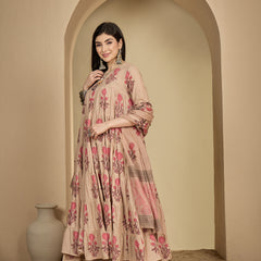 Kimayra Cotton Calf Length Printed 3/4 Sleeve Key Hole Neck Anarkali Kurta Suit Set