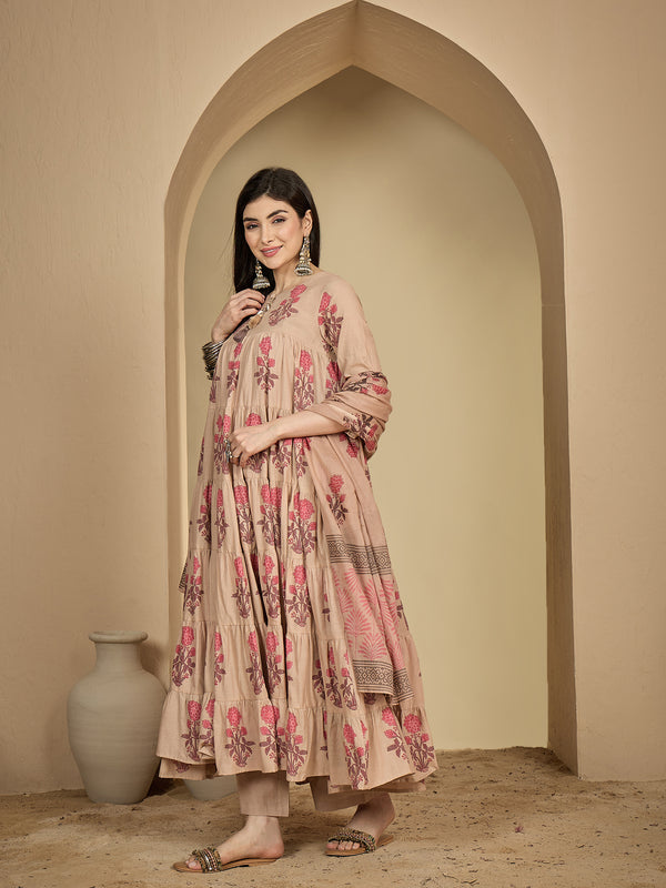 Kimayra Cotton Calf Length Printed 3/4 Sleeve Key Hole Neck Anarkali Kurta Suit Set