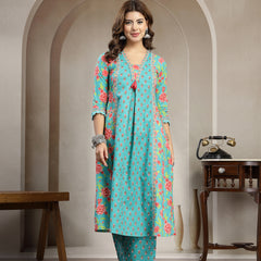 Kimayra Cotton Calf Length Printed 3/4 Sleeve V-Neck Flared Kurta Suit Set