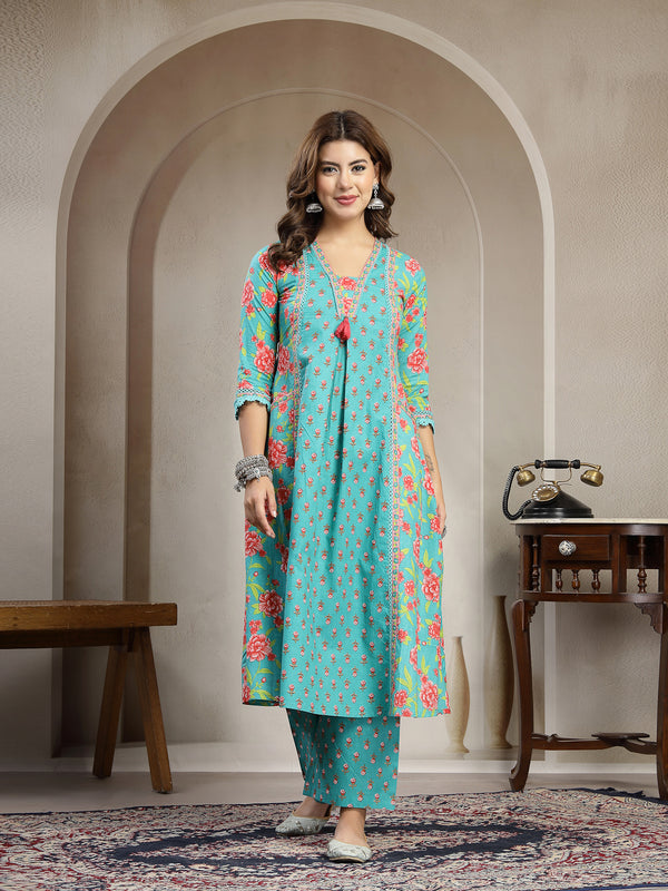 Kimayra Cotton Calf Length Printed 3/4 Sleeve V-Neck Flared Kurta Suit Set