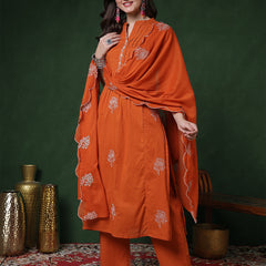 Kimayra Cotton Calf Length Solid 3/4 Sleeves Mandarin Straight Kurta Suit Set