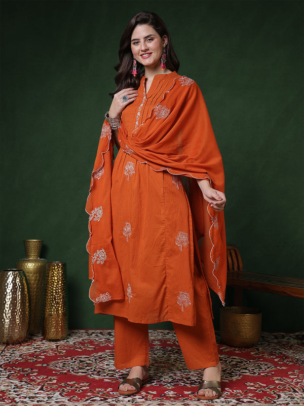Kimayra Cotton Calf Length Solid 3/4 Sleeves Mandarin Straight Kurta Suit Set