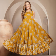 Kimayra Cotton Calf Length Printed Sleeveless Round Neck Flared Dress