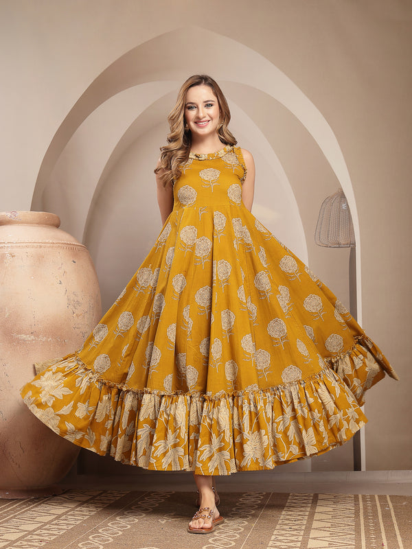 Kimayra Cotton Calf Length Printed Sleeveless Round Neck Flared Dress