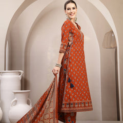 Kimayra Cotton Calf Length Printed 3/4 Sleeve V-Neck A-Line Kurta Suit Set