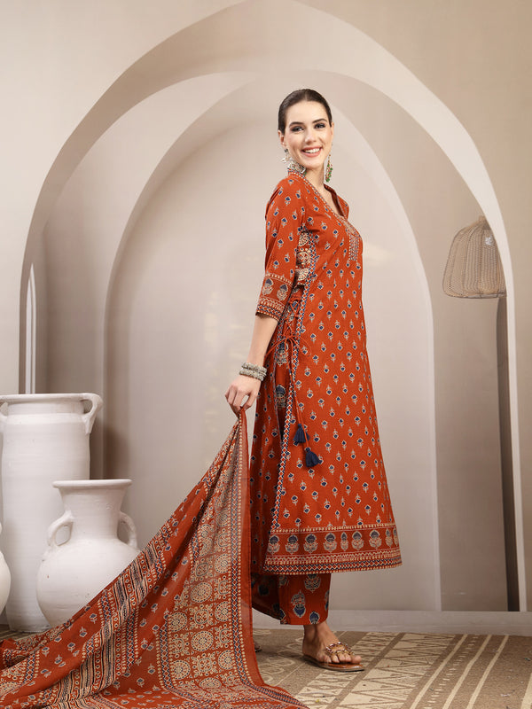 Kimayra Cotton Calf Length Printed 3/4 Sleeve V-Neck A-Line Kurta Suit Set