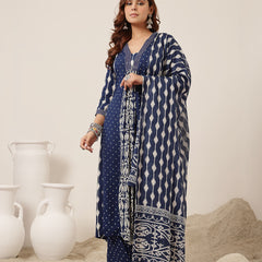 Kimayra Rayon Calf Length Printed 3/4 Sleeve V-Neck Straight Kurta Suit Set