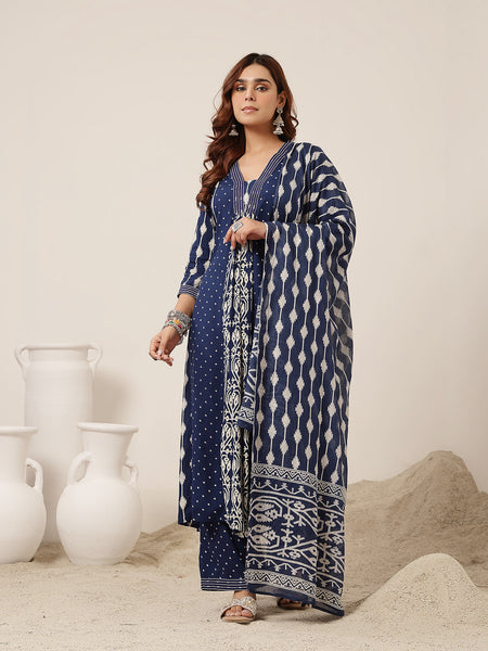 Kimayra Rayon Calf Length Printed 3/4 Sleeve V-Neck Straight Kurta Suit Set