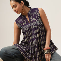 Kimayra Cotton Hip Length Printed Sleeveless Mandarin Collar Flared Top