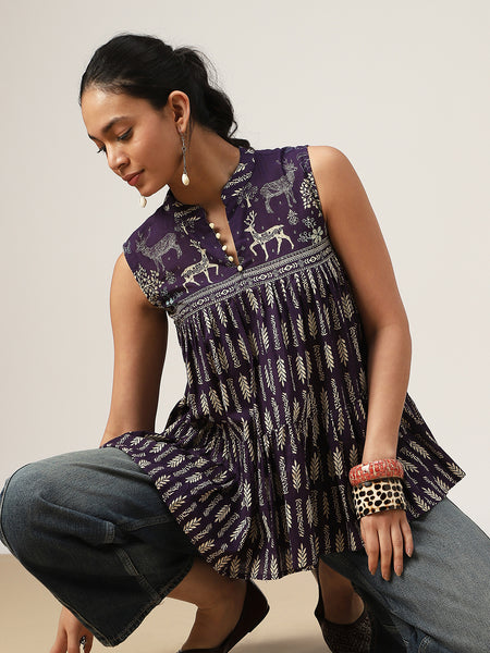 Kimayra Cotton Hip Length Printed Sleeveless Mandarin Collar Flared Top