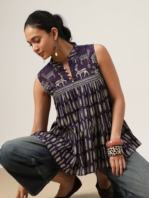 Kimayra Cotton Hip Length Printed Sleeveless Mandarin Collar Flared Top