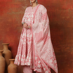 Kimayra Cotton Ankle  Length Printed 3/4 Sleeves Round Neck Full Flared Kurta Suit Set