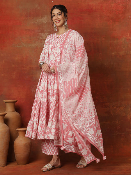 Kimayra Cotton Ankle  Length Printed 3/4 Sleeves Round Neck Full Flared Kurta Suit Set