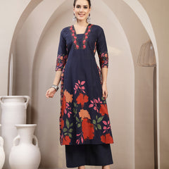 Kimayra Rayon Calf Length Printed 3/4 Sleeve V-Neck A-Line Kurta Suit Set