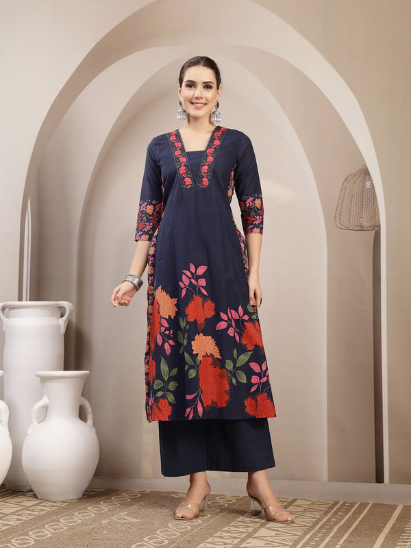 Kimayra Rayon Calf Length Printed 3/4 Sleeve V-Neck A-Line Kurta Suit Set