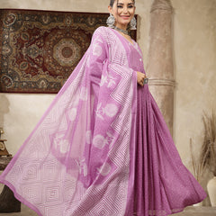 Kimayra Cotton Calf Length Printed 3/4 Sleeve V-Neck Flared Kurta Suit Set